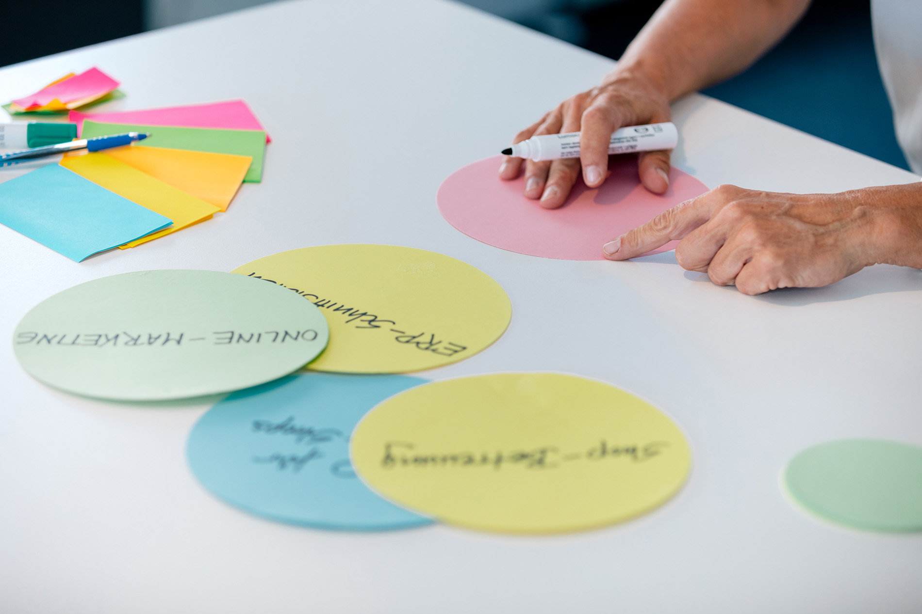Eine Hand schreibt mit einem Marker auf einen rosa Kreis, während bunte Haftnotizen und verschiedene beschriftete Kreise auf einem weißen Tisch verteilt sind.