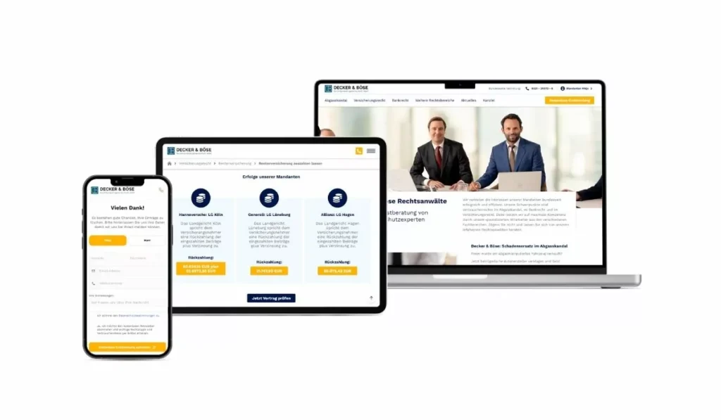 Mockups der Decker & Böse Reachtsanwelte Webseite auf einem Smartphone, Tablet und Notebook
