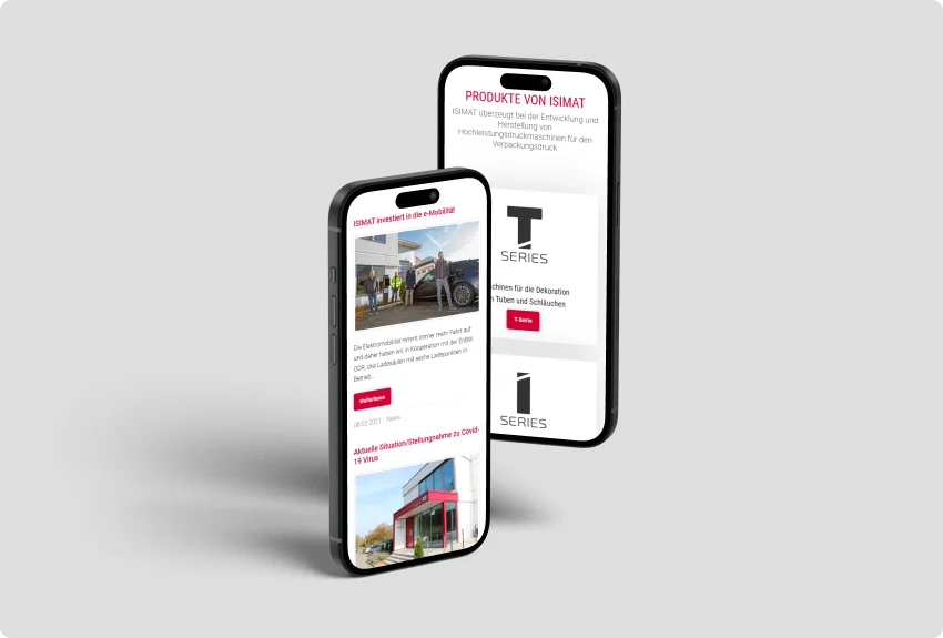 Isimat Mockup-Übersicht Isimat Webseite auf zwei Spmatphones