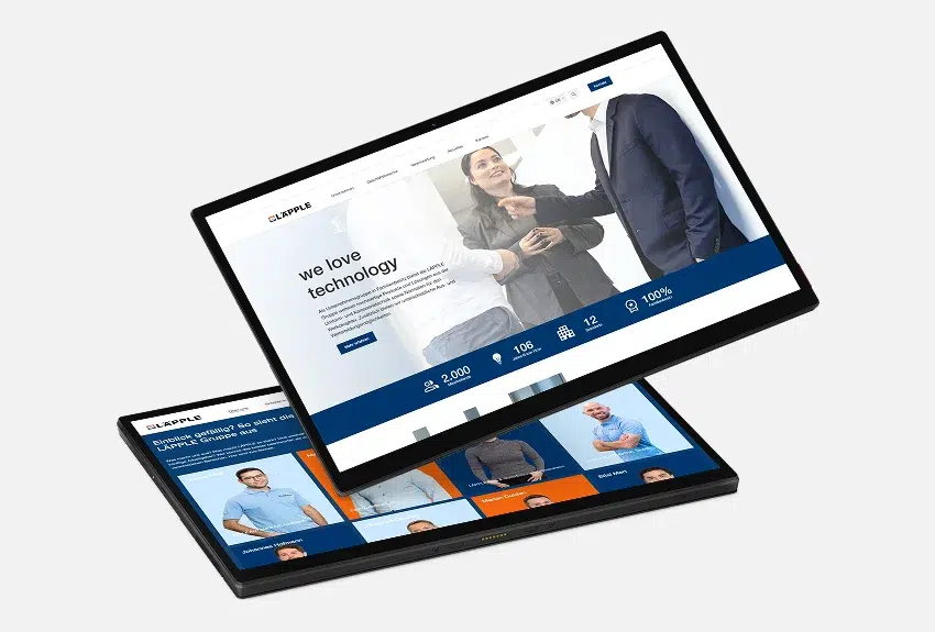LÄPPLE Mockup-Übersicht Zwei Tablets schweben vor grauem Hintergrund. Auf den Tablets ist die LÄPPLE-Website abgebildet.