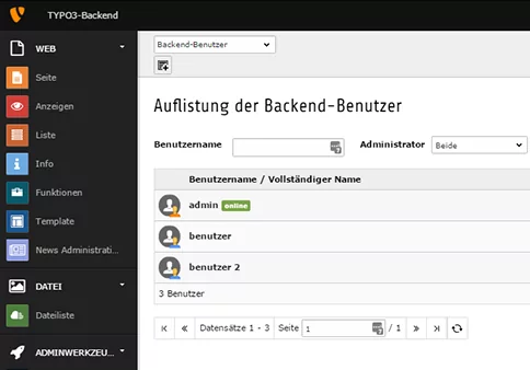 TYPO3-Vorteile-Unternehmen Das TYPO3 Backend mit Auflistung der Benutzer